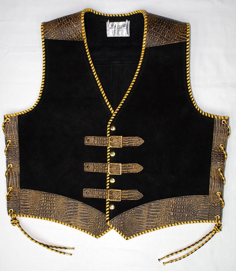 Black heavy weight suede laced vest, faux yellow croc trim, whip-stitched, no seam front.