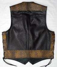 Black leather laced vest, faux Yellow croc trim, whip-stitched, no seam front.
