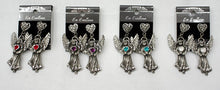 Ladies Angel post earrings, diamond cut pewter with coloured Austrian crystal.