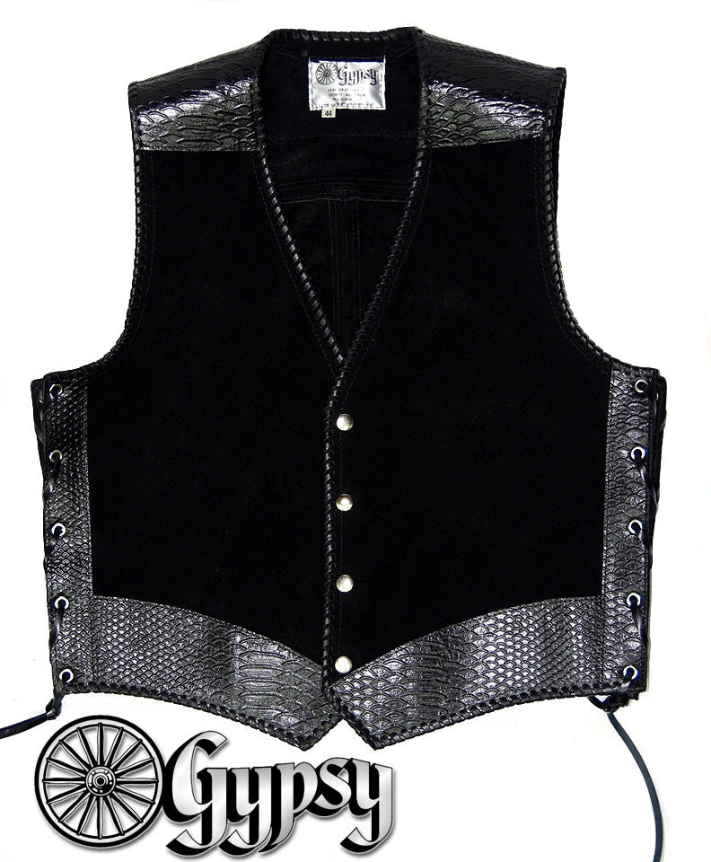 Black heavy weight suede laced vest, faux snake trim, whip-stitched, no seam front.