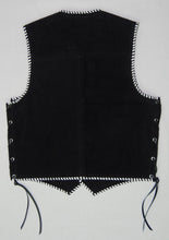 Black heavy weight suede laced vest, white whip-stitched, no seam front.