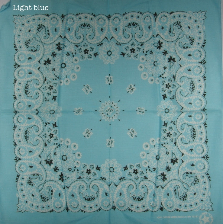 Bandana 54 cm square. Assorted colours. Made in the USA, 100% Cotton