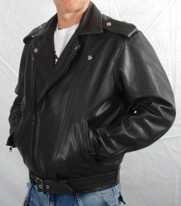 Black leather mens and ladies Brando jacket. Two front zip pockets.