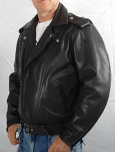 Black leather mens and ladies Brando jacket. Two front zip pockets.