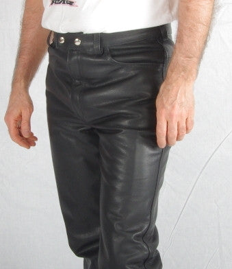Black leather mens 5 pockets jeans.