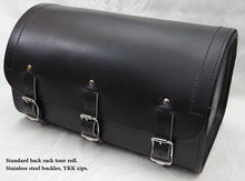 Heavy duty Deluxe and Standard black Leather back rack tour roll.