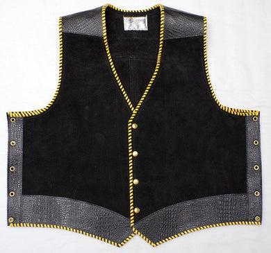 Black heavy weight suede laced vest, faux black croc trim, Yellow whip-stitched, no seam front.