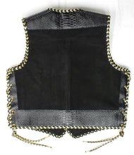 Black heavy weight suede laced vest, faux snake trim, double cordovan two colour border. Gold plated hardware