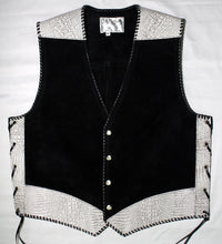 Black heavy weight suede laced vest, faux white croc trim, whip-stitched, no seam front.