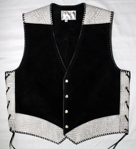 Black heavy weight suede laced vest, faux white croc trim, whip-stitched, no seam front.