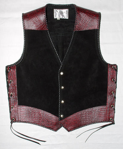Black heavy weight suede laced vest, faux red croc trim, whip-stitched, no seam front.