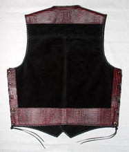 Black heavy weight suede laced vest, faux red croc trim, whip-stitched, no seam front.