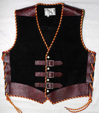 Black heavy weight suede laced vest, faux Red croc trim, whip-stitched, no seam front.