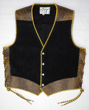 Black heavy weight suede laced vest, faux yellow croc trim, whip-stitched, no seam front.