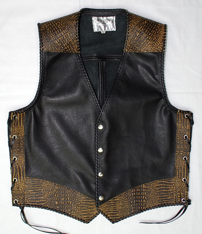 Black leather laced vest, faux Yellow croc trim, whip-stitched, no seam front.