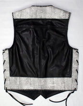 Black leather laced vest, faux White croc trim, whip-stitched, no seam front.