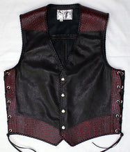 Black leather laced vest, faux Red croc trim, whip-stitched, no seam front.
