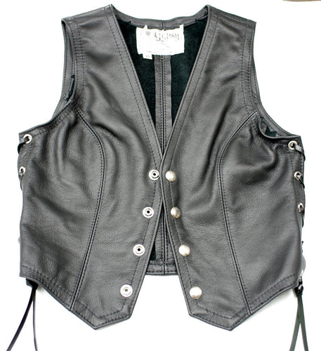 Ladies black leather fitted vest with laced sides.