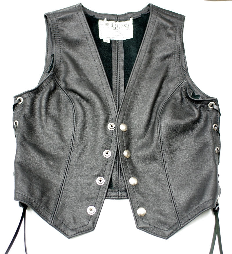 Ladies black leather fitted vest with laced sides.