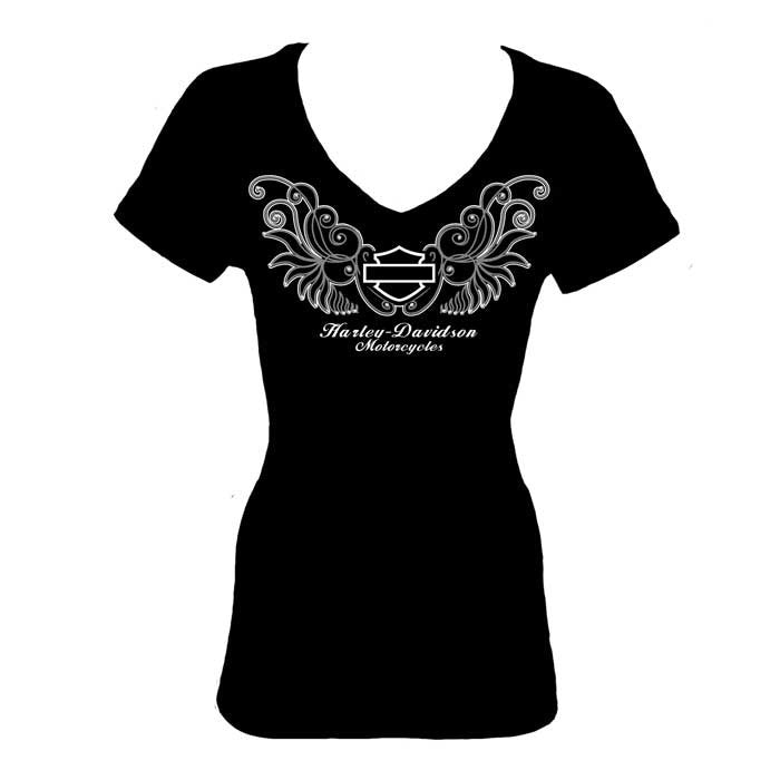 Harley-Davidson Winged Bar & Shield. V Neck Tee-shirt with Silver Studded Detail.