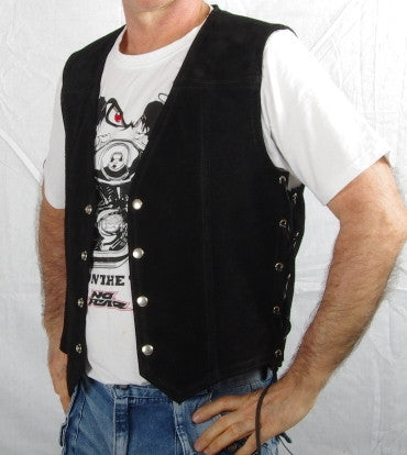 Black heavy weight suede laced vest without front pockets