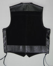 Black heavy weight suede laced vest, faux snake trim, whip-stitched, no seam front.