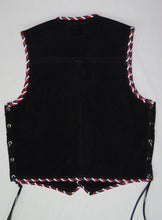 Black heavy weight suede laced vest, red,white and blue whip-stitched, no seam front.