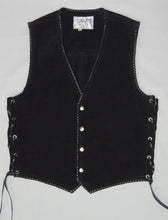 Black heavy weight suede laced vest, black whip-stitched, no seam front.