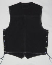 Black heavy weight suede laced vest, black whip-stitched, no seam front.