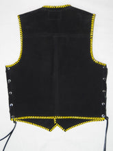 Black heavy weight suede laced vest, yellow whip-stitched, no seam front.