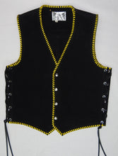 Black heavy weight water resistant 2.2 mm thick laced suede vest, yellow whip-stitched.