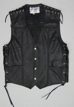 Black leather mens vest with laced sides and shoulders, two front pockets.