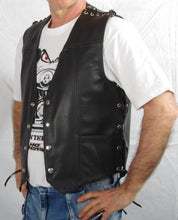 Black leather mens vest with laced sides and shoulders, two front pockets.