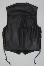 Black leather mens vest with laced sides, two front pockets.
