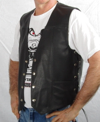 Black leather mens vest with laced sides, two front pockets.