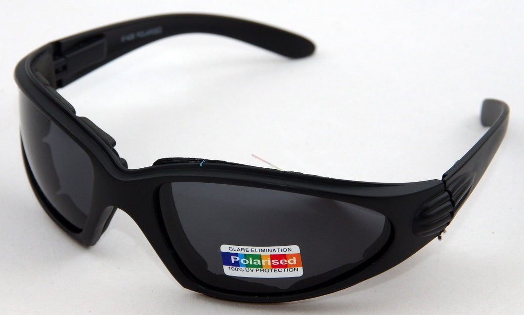 Polarised matt black frame cushioned wrap around sunglasses