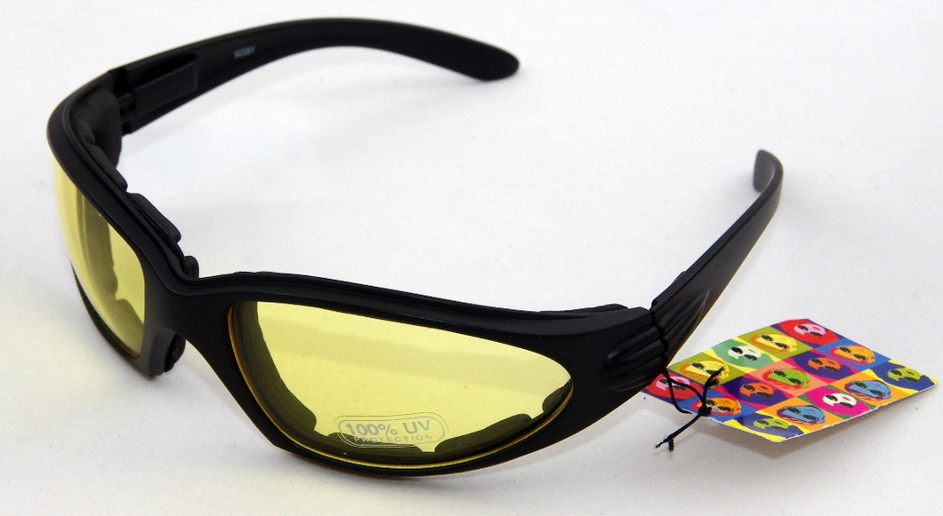 Yellow lens, low light lense. Matt black frame cushioned wrap around sunglasses