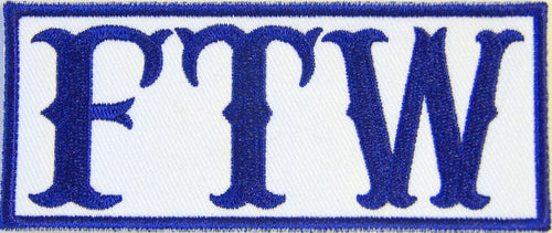 FTW, Forever Two Wheels. Blue on white 100mm wide embroidered patch