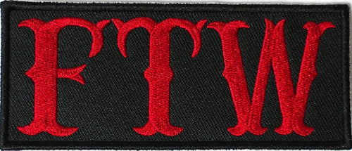FTW, Forever Two Wheels. Red on black 100mm wide embroided patch