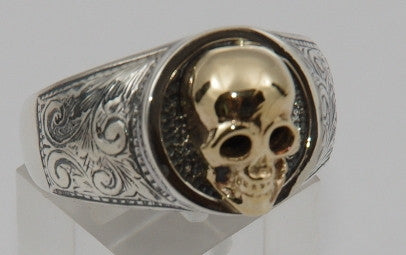 Sterling silver cygnet ring with 9 ct gold skull.  Mens ring #1171