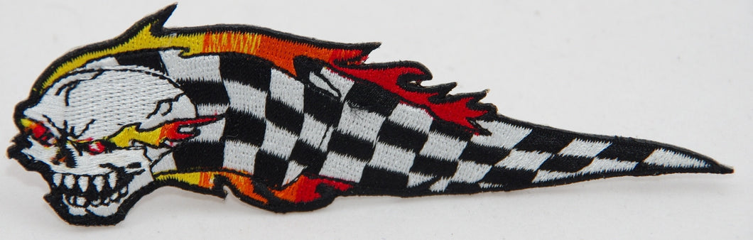 Skull checkered  flames. 130 mm wide embroided patch
