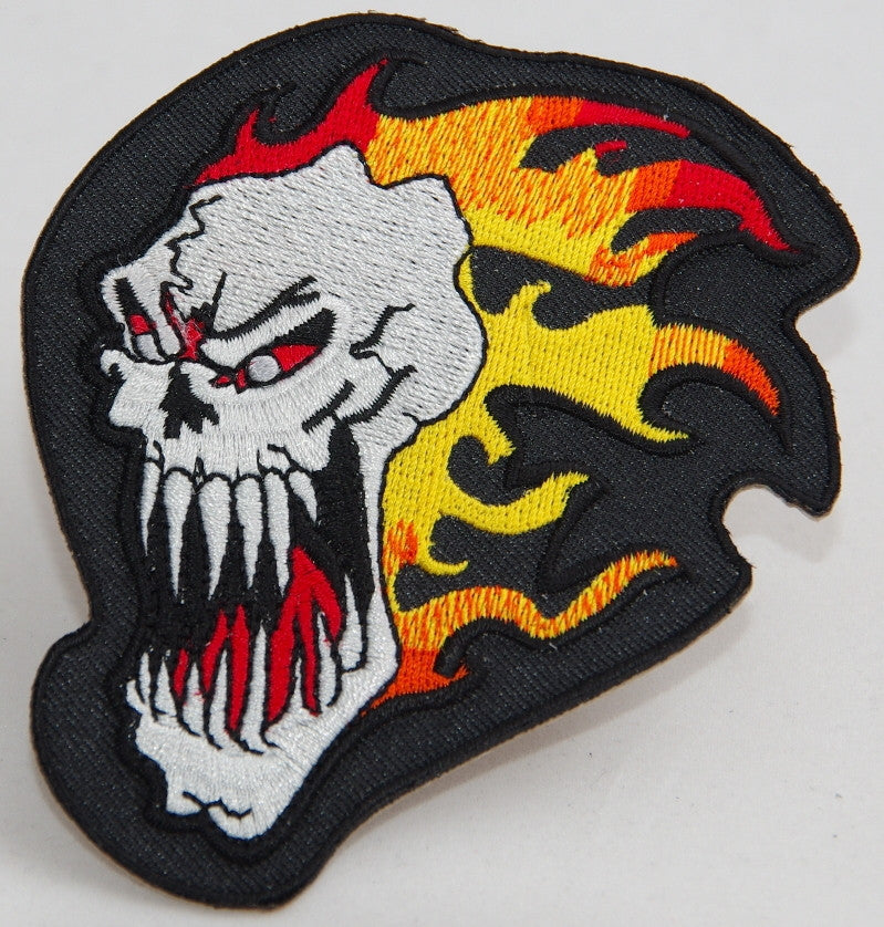Skull with flames.  90 mm wide x 90 mm high embroided patch P-075