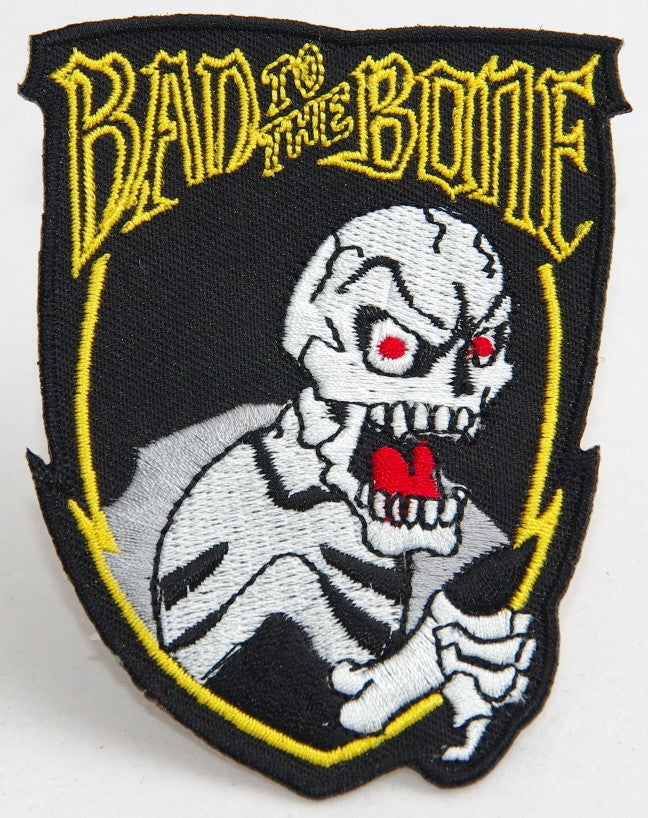 Bad to the Bone.  70 mm wide x 90 mm high embroided patch P-083