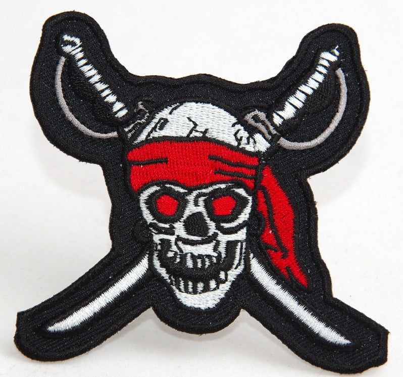 Skull with crossed swords.  85 mm wide x 80 mm high embroided patch P-135