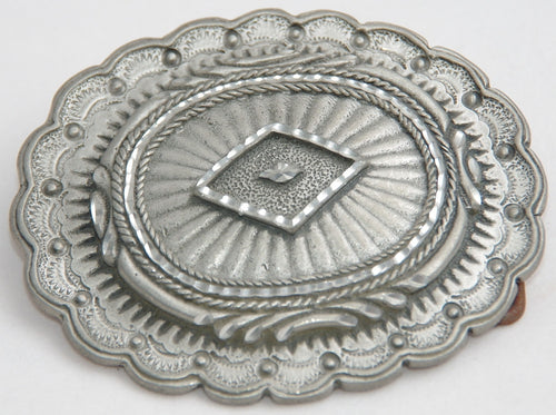 Large conchoe belt buckle, pewter. Made in USA