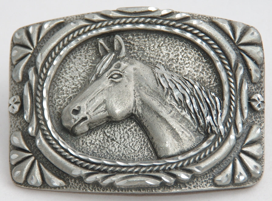 Horse head belt buckle, pewter. Made in USA