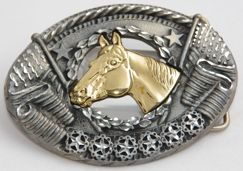 Horse head belt buckle, pewter with brass head. Made in USA