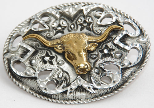 Long Horn skull belt buckle, pewter with brass Skull. Made in USA