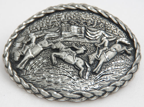 Rodeo belt buckle, pewter. Made in USA