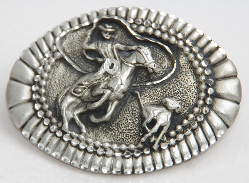 Roping calf belt buckle, pewter. Made in USA